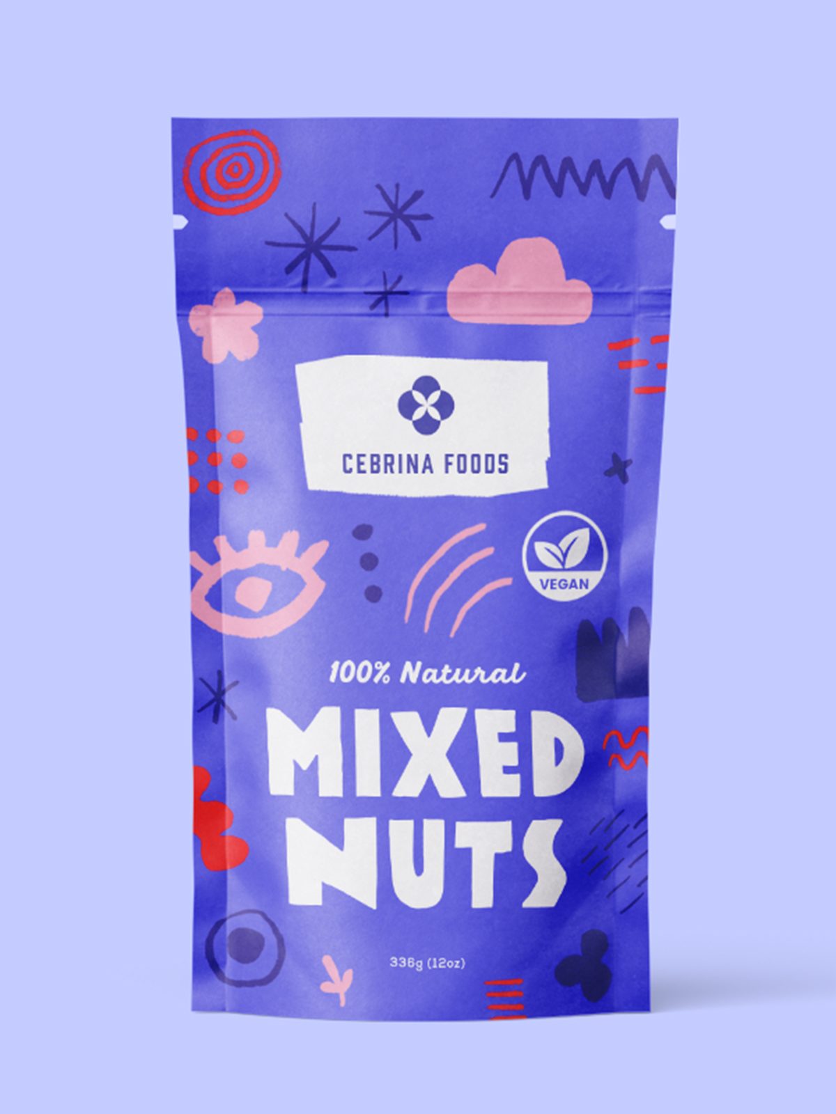 Cebrina Foods mixed nuts pouch with hand-drawn illustrations on violet