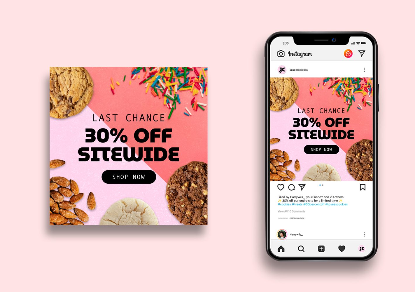 Josee's Cookies Instagram promotion, 30% off sitewide, shown on a phone