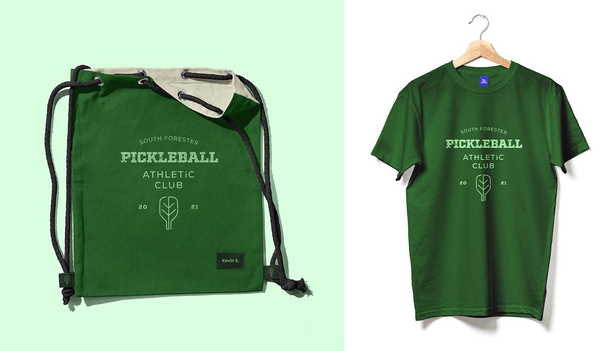 South Forester Pickleball Athletic Club drawstring bag and t-shirt in forest green