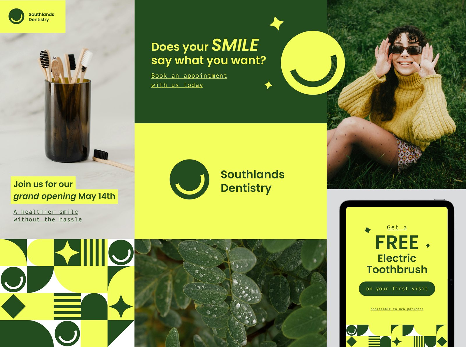 Southlands Dentistry brand system: logo, green and chartreuse colour palette, patterned tiles, tablet ad and grand-opening promo